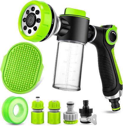 Professional Dog Washing Hose Attachment with 8-in-1 Sprayer Modes, Integrated Pet Bathing Brush, and 100cc Soap Dispenser for Versatile Use in Gardening, Car Washing, and Pet Grooming (Green)