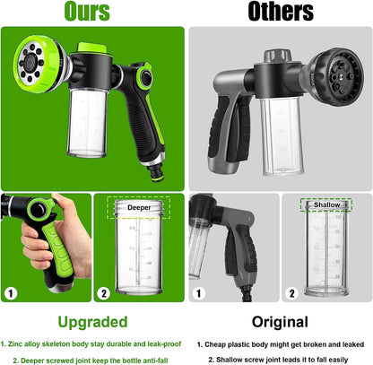 Professional Dog Washing Hose Attachment with 8-in-1 Sprayer Modes, Integrated Pet Bathing Brush, and 100cc Soap Dispenser for Versatile Use in Gardening, Car Washing, and Pet Grooming (Green)