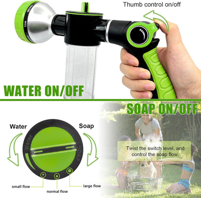Professional Dog Washing Hose Attachment with 8-in-1 Sprayer Modes, Integrated Pet Bathing Brush, and 100cc Soap Dispenser for Versatile Use in Gardening, Car Washing, and Pet Grooming (Green)