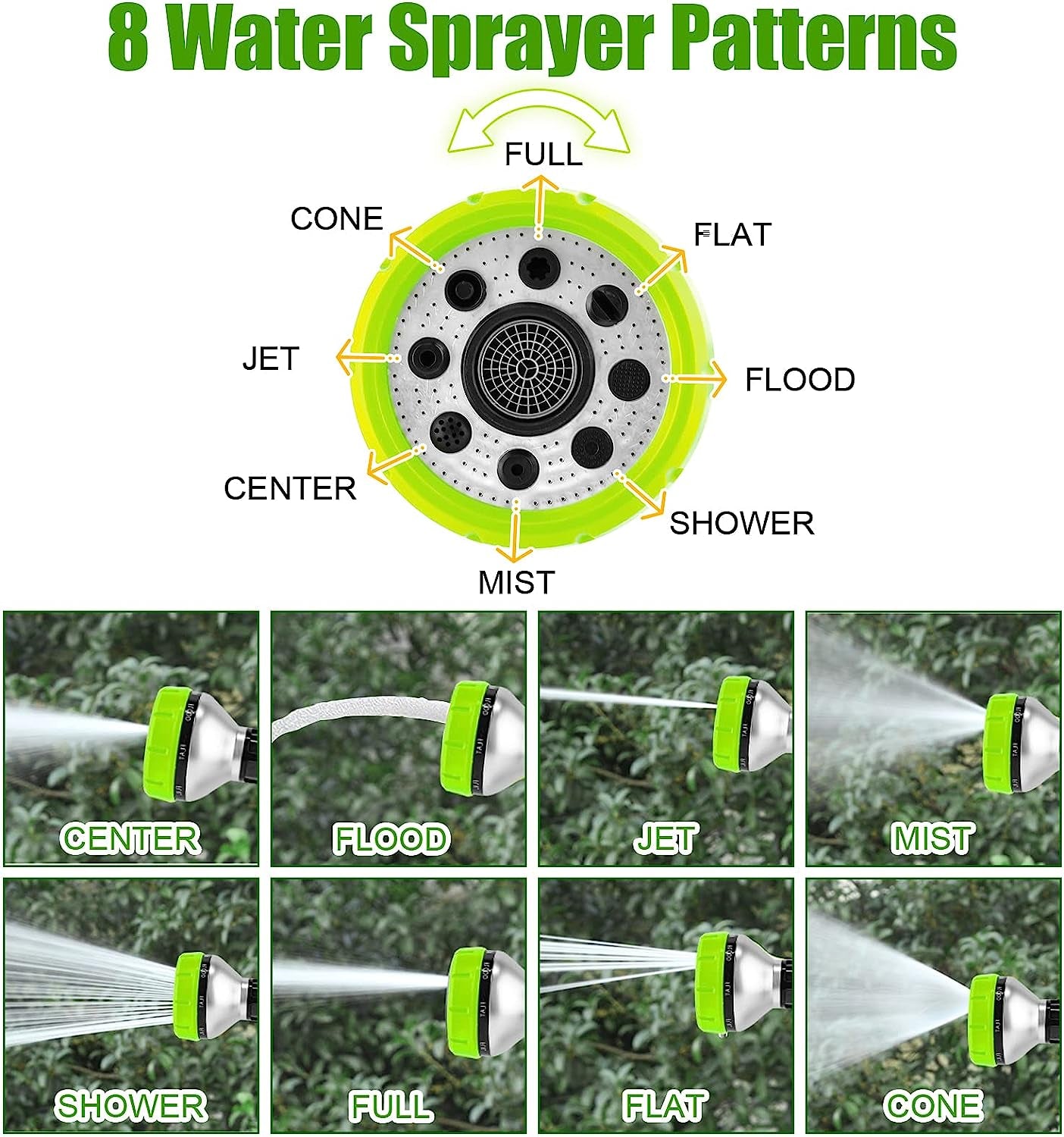 Professional Dog Washing Hose Attachment with 8-in-1 Sprayer Modes, Integrated Pet Bathing Brush, and 100cc Soap Dispenser for Versatile Use in Gardening, Car Washing, and Pet Grooming (Green)