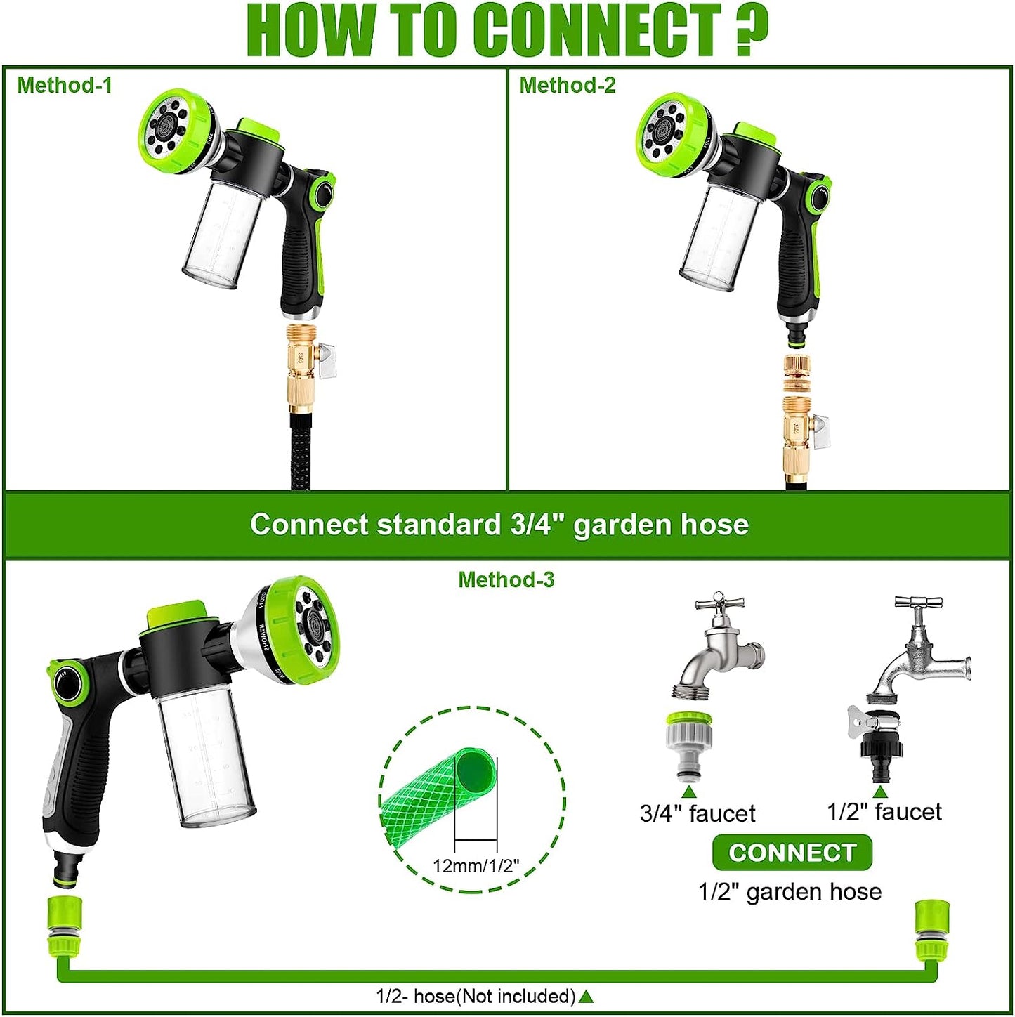 Professional Dog Washing Hose Attachment with 8-in-1 Sprayer Modes, Integrated Pet Bathing Brush, and 100cc Soap Dispenser for Versatile Use in Gardening, Car Washing, and Pet Grooming (Green)